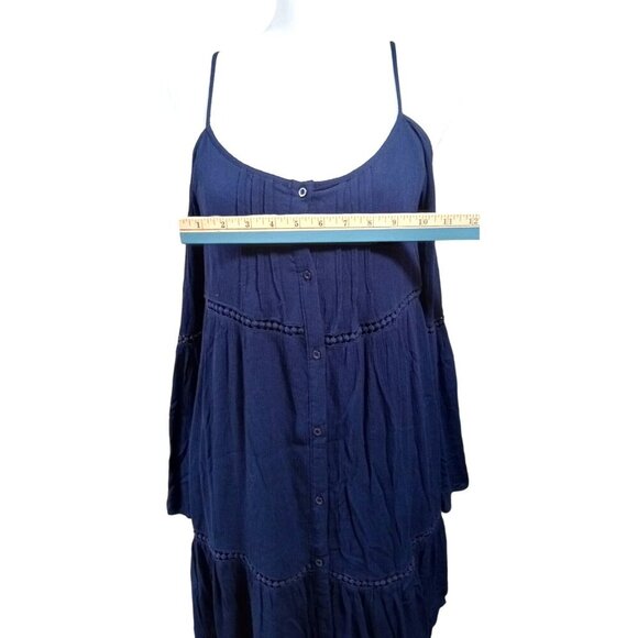 Paper Crane Womens Navy Blue Spaghetti Strap Off Shoulder Long Flare Sleeve Dres - Picture 5 of 8